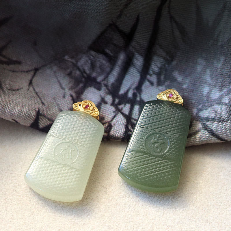 Buddha Stones Hetian Jade 925 Sterling Silver Om Symbol Prosperity Necklace Pendant - image 9