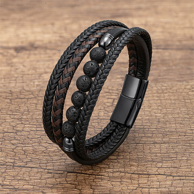 Buddha Stones Tiger Eye Lava Rock Black Onyx Lazurite Lapis Lazuli Hematite Bead Positive Leather Bracelet - Lava Rock - 18-22cm - image 3