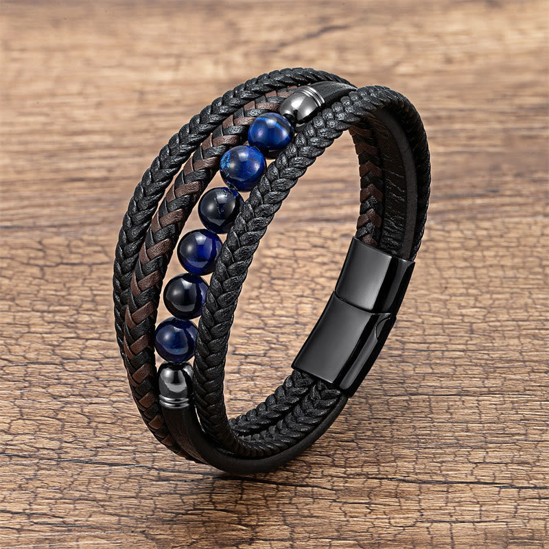 Buddha Stones Tiger Eye Lava Rock Black Onyx Lazurite Lapis Lazuli Hematite Bead Positive Leather Bracelet - Blue Tiger Eye - 18-22cm - image 15