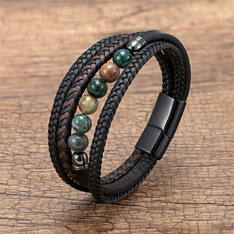 Buddha Stones Tiger Eye Lava Rock Black Onyx Lazurite Lapis Lazuli Hematite Bead Positive Leather Bracelet - Indian Agate - 18-22cm - image 17