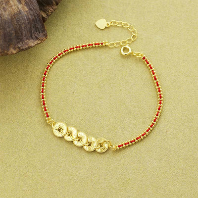 Buddha Stones 925 Sterling Silver Five-Emperor Coins Red String Balance Bracelet - 925 Sterling Silver(Wrist Circumference: 14-18cm) - image 0