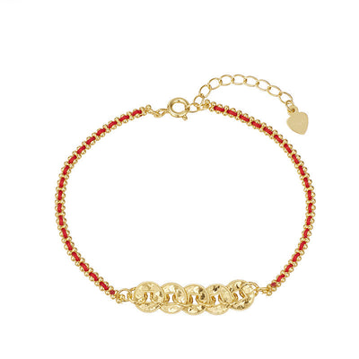 Buddha Stones 925 Sterling Silver Five-Emperor Coins Red String Balance Bracelet - image 2