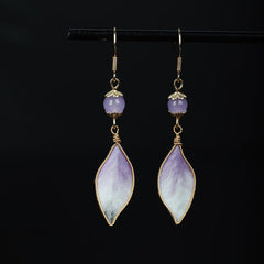 Buddha Stones Silk Art Handmade Purple Gradient Petals Blessing Dangle Earrings - Silk fibers(Size: About 6.3*1.4cm) - image 0