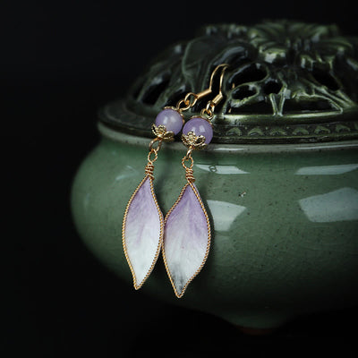Buddha Stones Silk Art Handmade Purple Gradient Petals Blessing Dangle Earrings - image 5