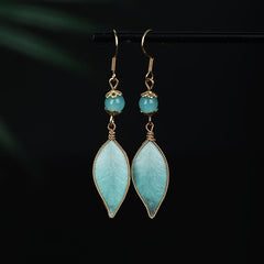 Buddha Stones Handmade Cyan Leaf Copper Plated Silver Hook Protection Drop Earrings - Cyan Leaf(Size: About 6*1cm) - image 0
