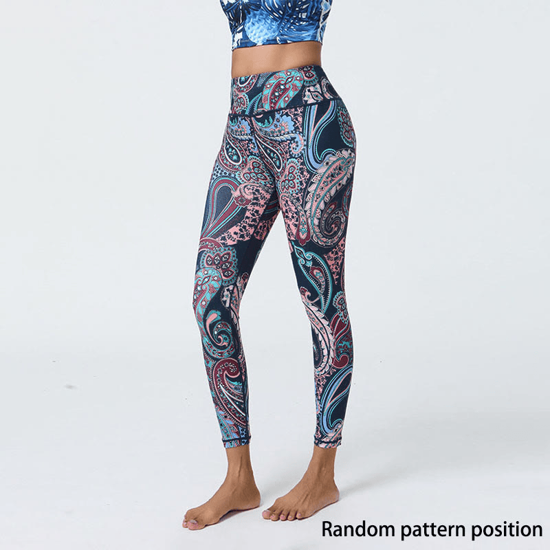 Buddha Stones Flowers Feathers Sun Moon Print Sports Fitness Yoga High Waist Leggings Women's Pants - Dark Blue Feathers  - US12，UK/AU16，EU44 (XL) - image 1