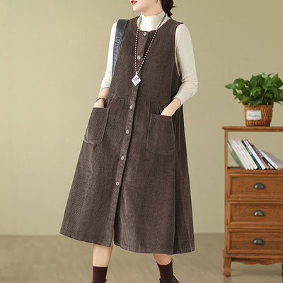 Buddha Stones Fall Retro Buttons Design Corduroy Sleeveless Midi Dress With Pockets - image 2