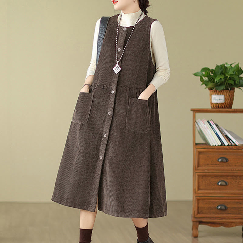 Buddha Stones Fall Retro Buttons Design Corduroy Sleeveless Midi Dress With Pockets - image 2