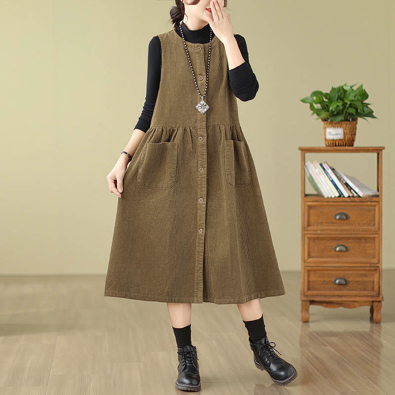 Buddha Stones Fall Retro Buttons Design Corduroy Sleeveless Midi Dress With Pockets - image 13