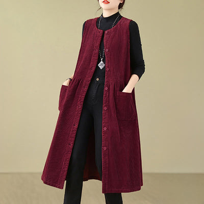 Buddha Stones Fall Retro Buttons Design Corduroy Sleeveless Midi Dress With Pockets - image 22
