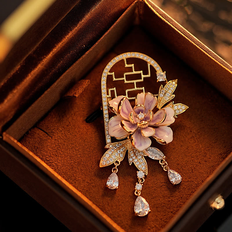 Buddha Stones Chinese-style Window Purple Peony Flower Tassel Copper Brooch - Purple Peony Flower - image 0