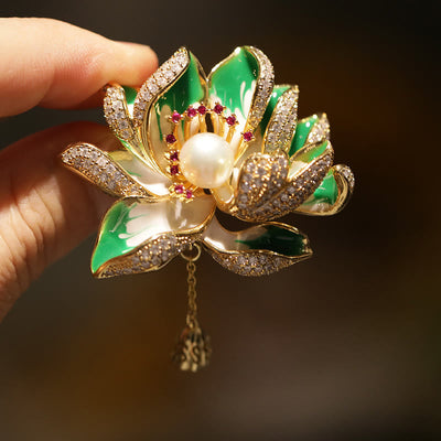 Buddha Stones Lotus Flower Pearl New Beginning Copper Brooch - image 1