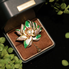 Buddha Stones Lotus Flower Pearl New Beginning Copper Brooch - Green - image 0