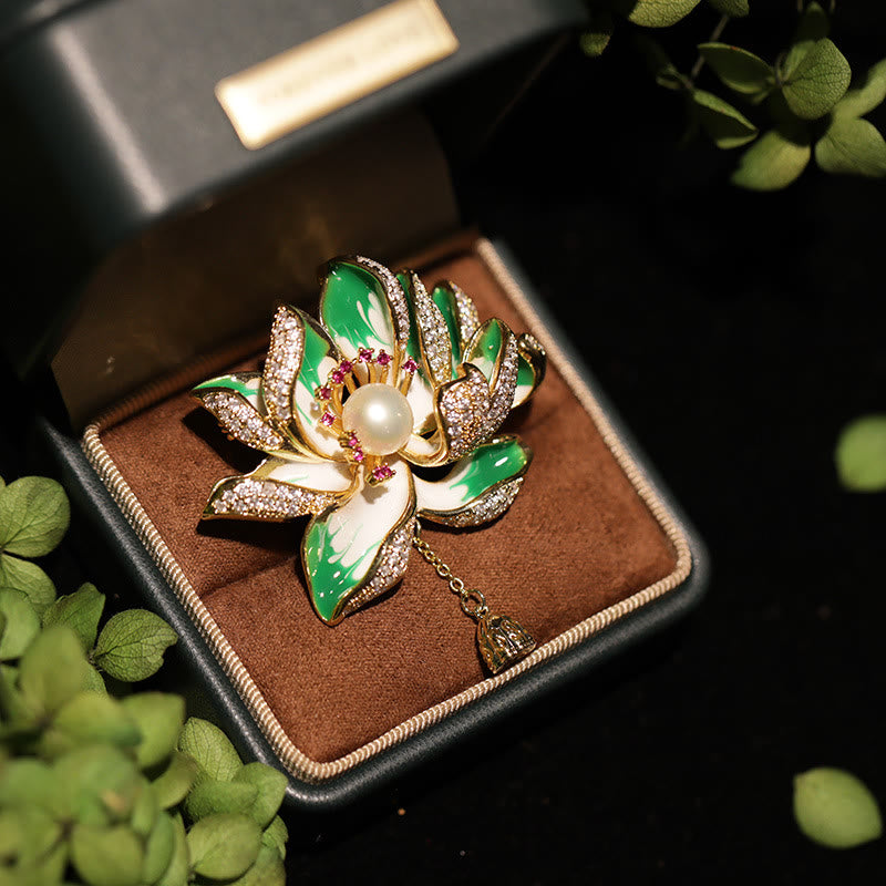 Buddha Stones Lotus Flower Pearl New Beginning Copper Brooch - Green - image 0