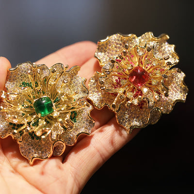 Buddha Stones Peony Flower Prosperity Copper Brooch - image 12