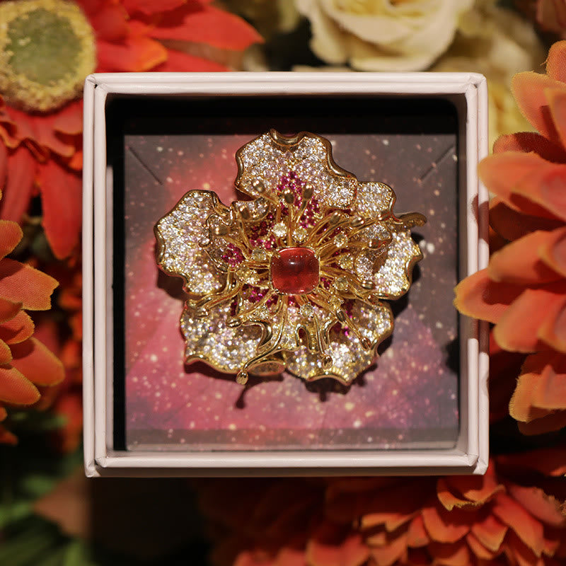 Buddha Stones Peony Flower Prosperity Copper Brooch - image 1