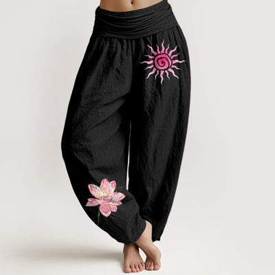 Buddha Stones Cotton Lotus Flower Sun Pattern Women's Elastic Waist Harem Pants - Black - US16，UK/AU20，EU48 (3XL) - image 0