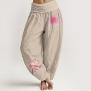 Foviel Cotton Lotus Flower Sun Pattern Women's Elastic Waist Harem Pants