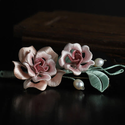 Buddha Stones Handcrafted Silk Art Twin Rose Flower Blessing Harmony Brooch - image 6
