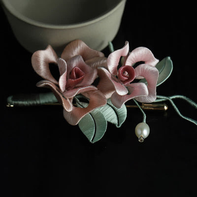 Buddha Stones Handcrafted Silk Art Twin Rose Flower Blessing Harmony Brooch - image 9