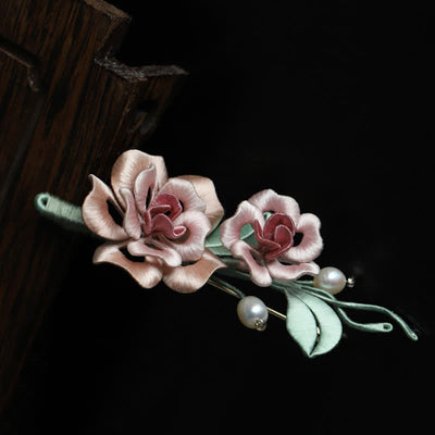 Buddha Stones Handcrafted Silk Art Twin Rose Flower Blessing Harmony Brooch - image 7
