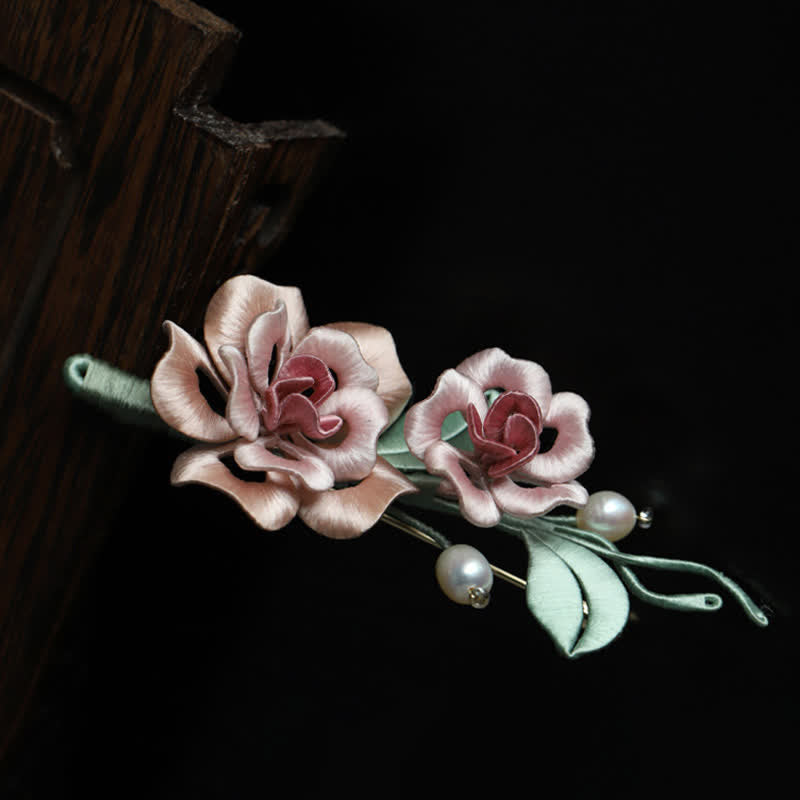 Buddha Stones Handcrafted Silk Art Twin Rose Flower Blessing Harmony Brooch - image 7