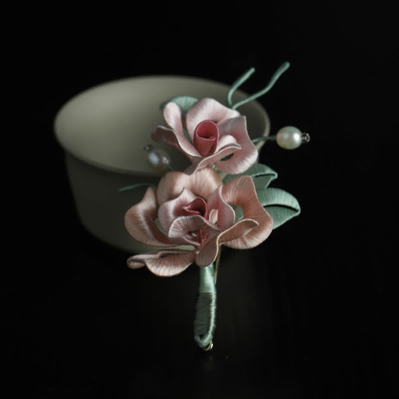 Buddha Stones Handcrafted Silk Art Twin Rose Flower Blessing Harmony Brooch - image 0