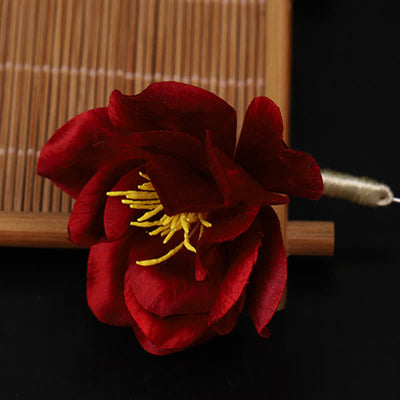 Buddha Stones Cultural Heritage Handcrafted Silk Art Red Camellia Blessing Sincerity Brooch - image 11