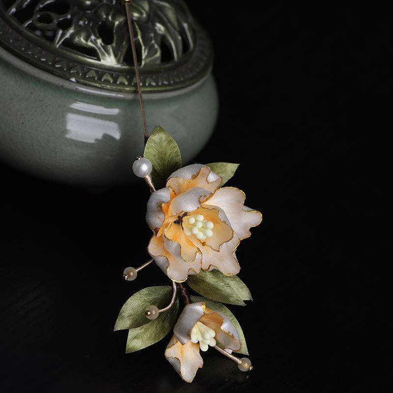 Buddha Stones Handcrafted Silk Art Golden Peony Flower Good Fortune Brooch - image 11