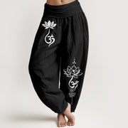 Foviel Cotton Lotus Flower Om Pattern Women's Elastic Waist Harem Pants