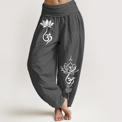 Buddha Stones Cotton Lotus Flower Om Pattern Women's Elastic Waist Harem Pants - DimGray - US16，UK/AU20，EU48 (3XL) - image 0