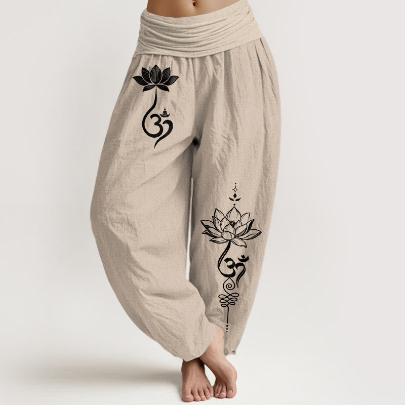 Buddha Stones Cotton Lotus Flower Om Pattern Women's Elastic Waist Harem Pants - Tan - US16，UK/AU20，EU48 (3XL) - image 11