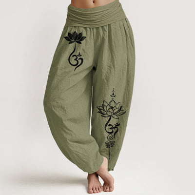 Buddha Stones Cotton Lotus Flower Om Pattern Women's Elastic Waist Harem Pants - OliveDrab - US16，UK/AU20，EU48 (3XL) - image 14