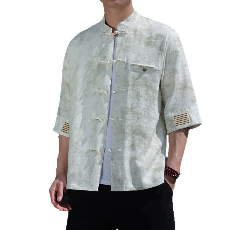 Buddha Stones Frog-Button Mottled Pattern Embroidery Short Sleeve Tang Suit Men's Linen Shirt - image 5
