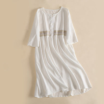 Buddha Stones Embroidery Geometry Half Sleeve Women's Midi Dress With Pockets - White - US14，UK/AU18，EU46 (4XL) - image 1