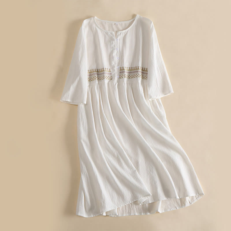 Buddha Stones Embroidery Geometry Half Sleeve Women's Midi Dress With Pockets - White - US14，UK/AU18，EU46 (4XL) - image 1