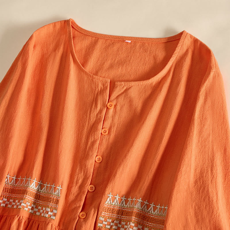 Buddha Stones Embroidery Geometry Half Sleeve Women's Midi Dress With Pockets - image 11