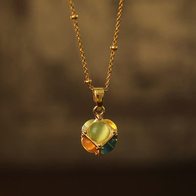Buddha Stones Multicolored Cat's Eye Inlaid Design Cube Protection Necklace Pendant - image 4