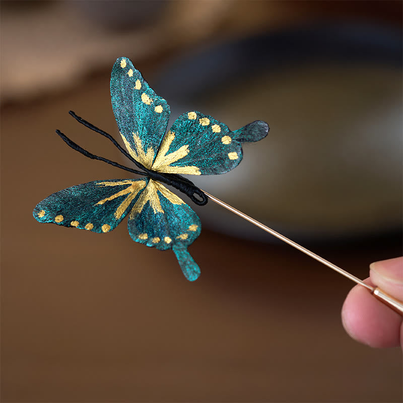 Buddha Stones Handcrafted Silk Art Velvet Flower Golden Blue Butterfly Brooch - image 2