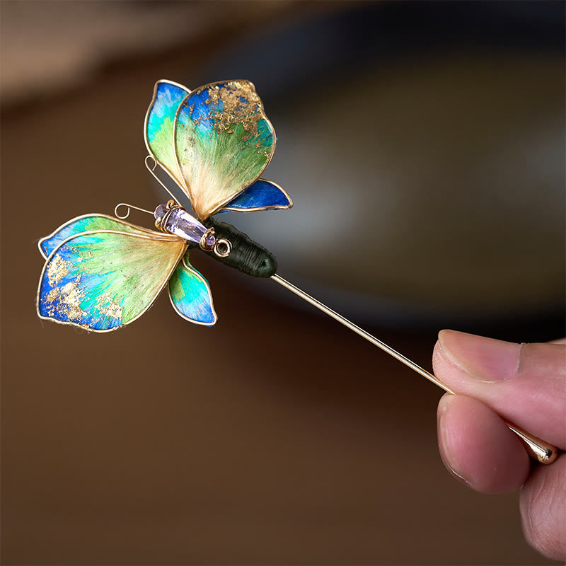 Buddha Stones Handcrafted Silk Art Velvet Flower Blue Green Gradient Butterfly Brooch - image 2