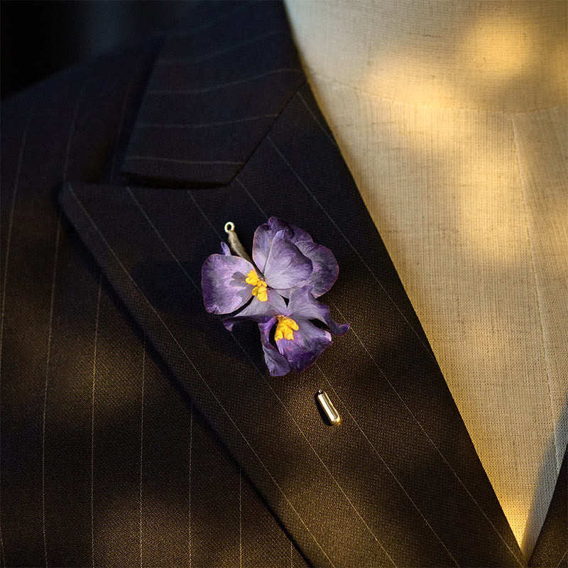 Buddha Stones Handcrafted Silk Art Velvet Flower Light Purple Iris Flower Brooch - image 3