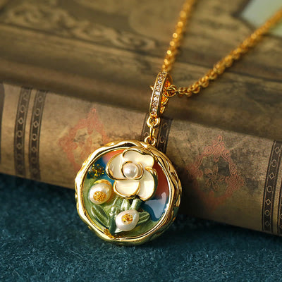 Buddha Stones Retro Round Oil Painting Flower Design Copper Wealth Necklace Pendant - Oil Painting Flower(Pendant Size: About 3.5*2.1cm) - image 0