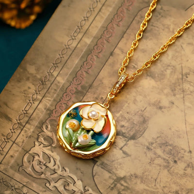 Buddha Stones Retro Round Oil Painting Flower Design Copper Wealth Necklace Pendant - image 2