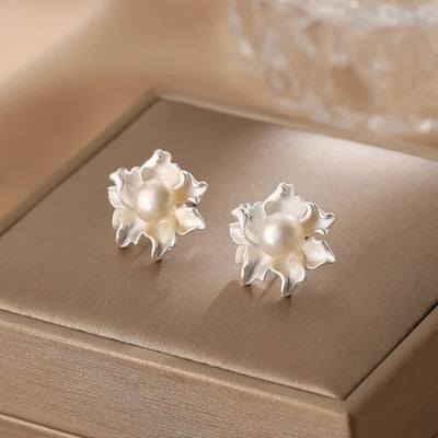 Buddha Stones Natural Pearl Copper Flower Healing Stud Earrings - image 2