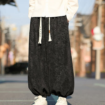 Buddha Stones Black Jacquard Drawstring Elastic Cuff Men's Harem Pants With Pockets  - image 2