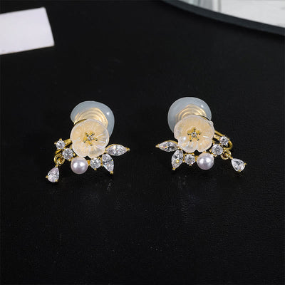 Buddha Stones White Rose Flower Zircon Copper Luck Clip-on Stud Earrings - Clip-on Earrings - image 7