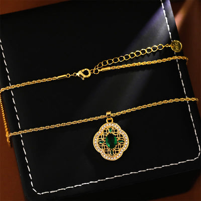 Buddha Stones Four Leaf Clover Hollow Design Copper Plated Gold Chain Luck Necklace Pendant - image 4