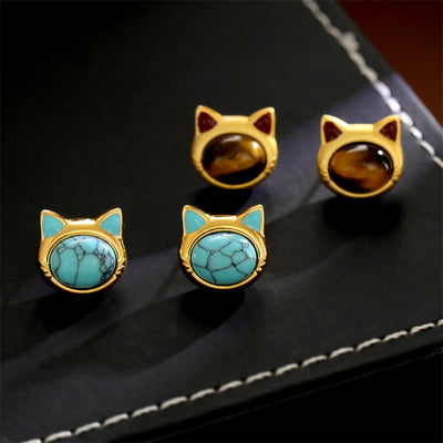 Buddha Stones Turquoise Tiger Eye Cat Head Design Copper Protection Stud Earrings - image 0