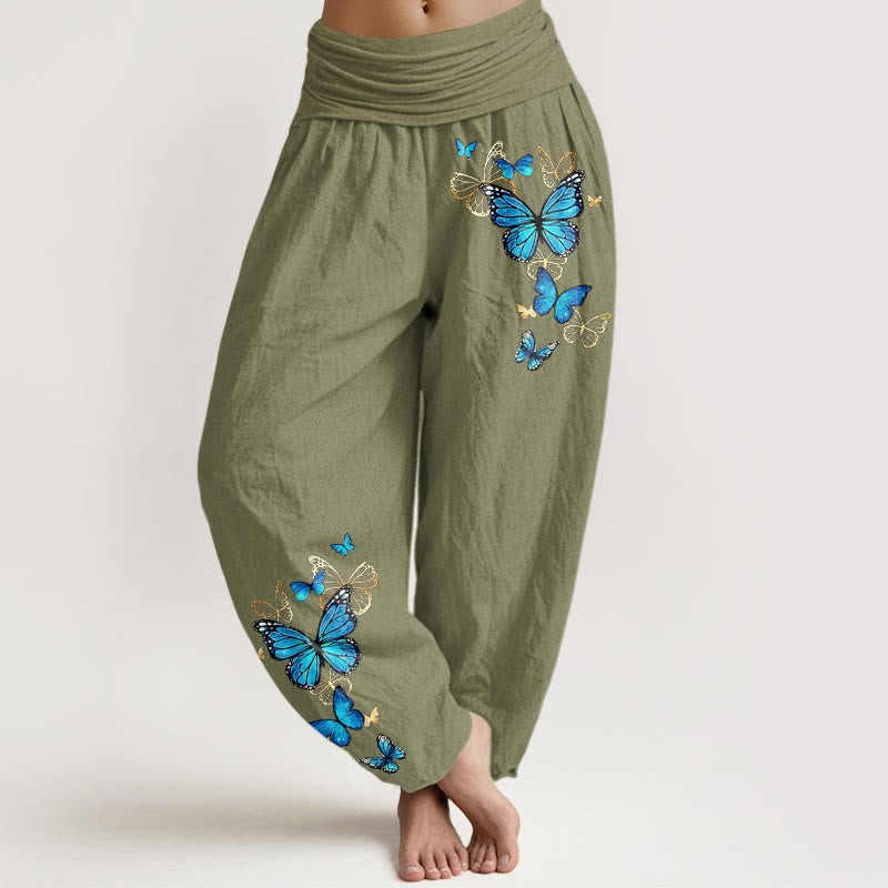 Buddha Stones Cotton Butterfly Pattern Women's Elastic Waist Harem Pants - OliveDrab - US16，UK/AU20，EU48 (3XL) - image 14