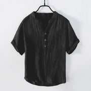 Foviel Solid Color Short Sleeve Half Button Shirt Cotton Linen Men Clothing